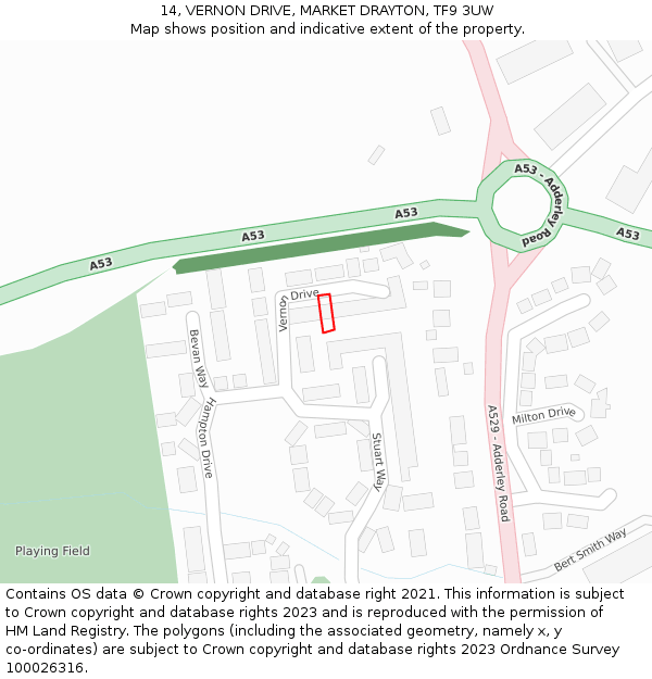 14, VERNON DRIVE, MARKET DRAYTON, TF9 3UW: Location map and indicative extent of plot