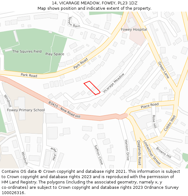 14, VICARAGE MEADOW, FOWEY, PL23 1DZ: Location map and indicative extent of plot