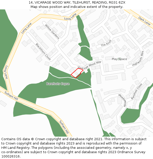 14, VICARAGE WOOD WAY, TILEHURST, READING, RG31 6ZX: Location map and indicative extent of plot