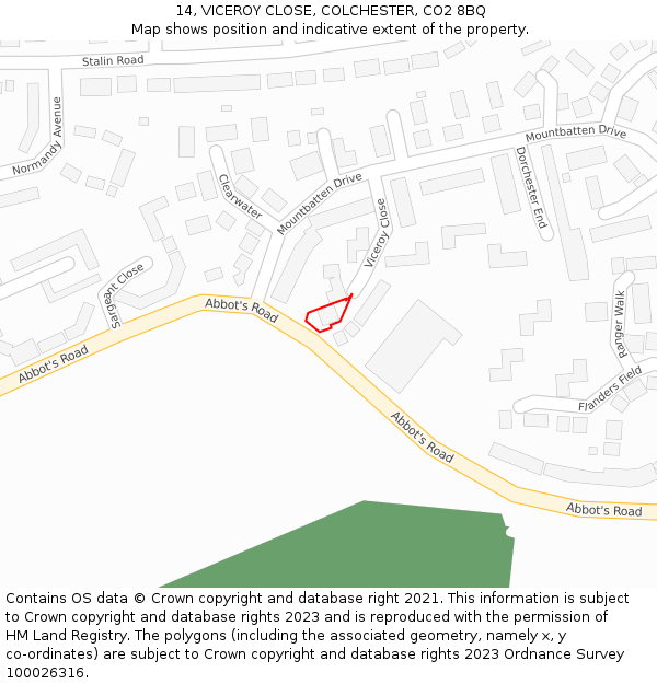 14, VICEROY CLOSE, COLCHESTER, CO2 8BQ: Location map and indicative extent of plot