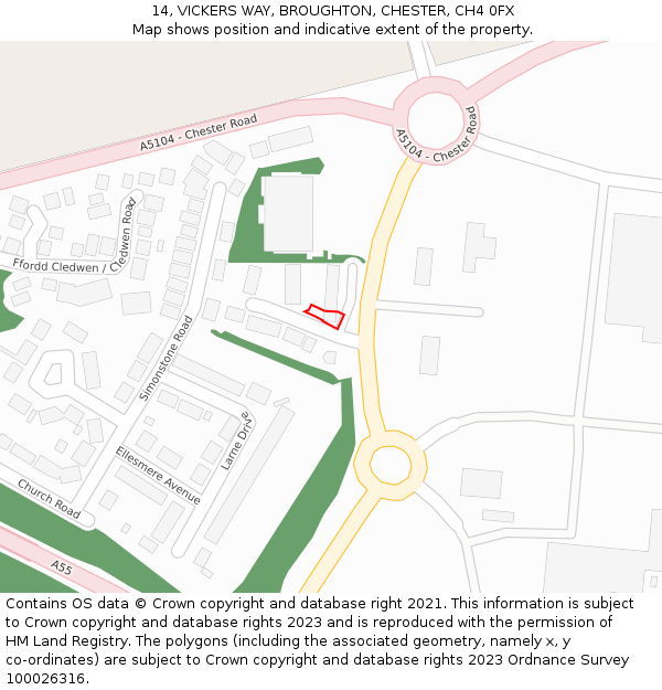 14, VICKERS WAY, BROUGHTON, CHESTER, CH4 0FX: Location map and indicative extent of plot