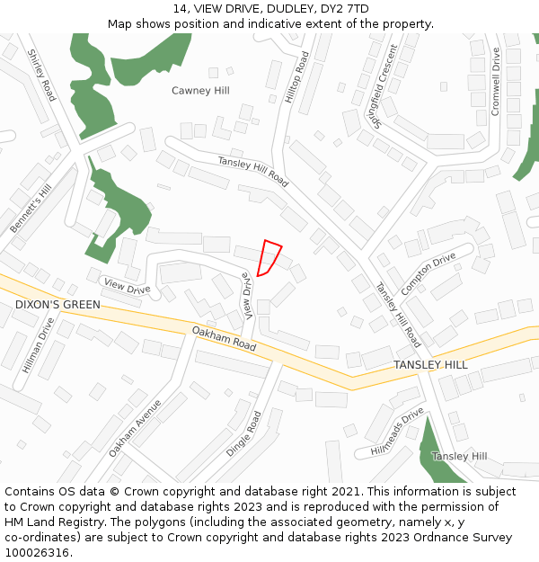 14, VIEW DRIVE, DUDLEY, DY2 7TD: Location map and indicative extent of plot