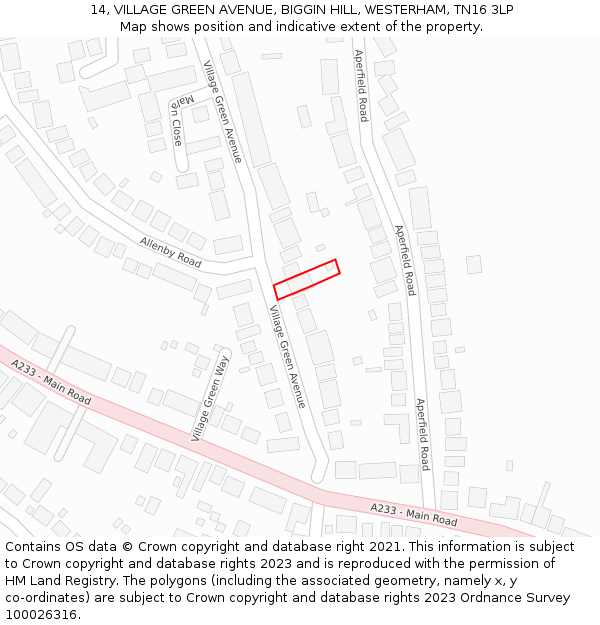 14, VILLAGE GREEN AVENUE, BIGGIN HILL, WESTERHAM, TN16 3LP: Location map and indicative extent of plot