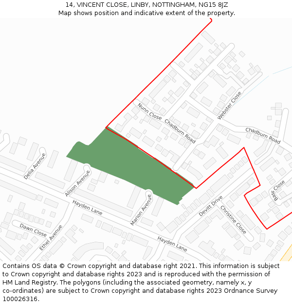 14, VINCENT CLOSE, LINBY, NOTTINGHAM, NG15 8JZ: Location map and indicative extent of plot