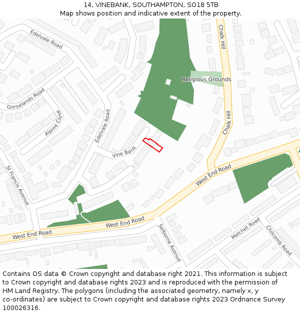 14, VINEBANK, SOUTHAMPTON, SO18 5TB: Location map and indicative extent of plot