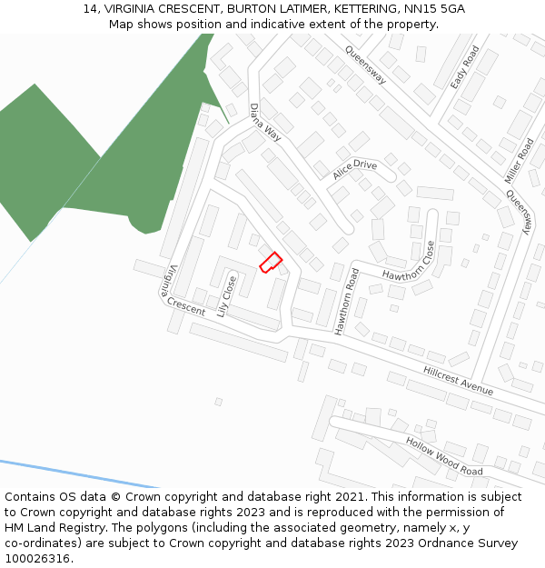 14, VIRGINIA CRESCENT, BURTON LATIMER, KETTERING, NN15 5GA: Location map and indicative extent of plot