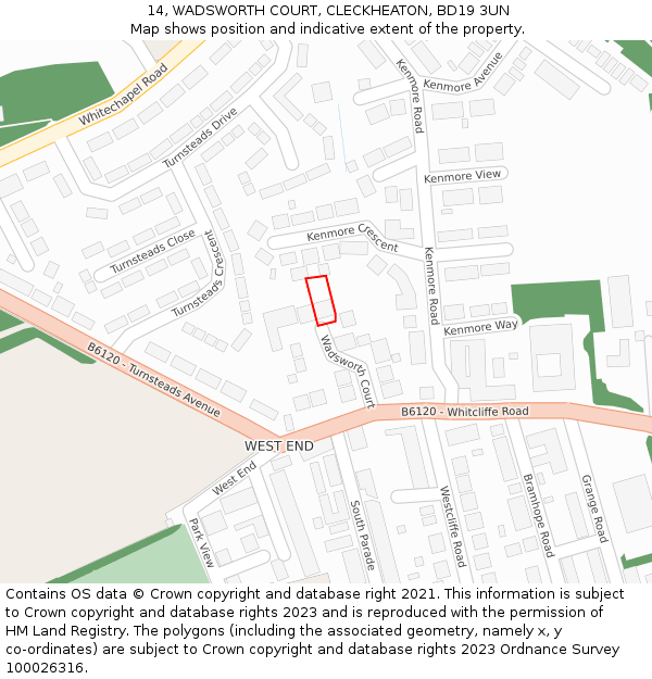 14, WADSWORTH COURT, CLECKHEATON, BD19 3UN: Location map and indicative extent of plot
