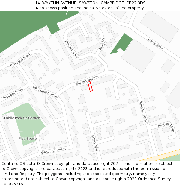 14, WAKELIN AVENUE, SAWSTON, CAMBRIDGE, CB22 3DS: Location map and indicative extent of plot