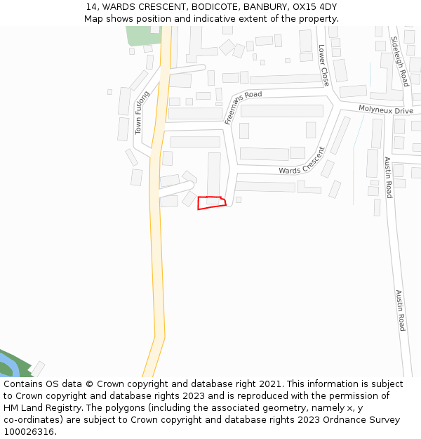 14, WARDS CRESCENT, BODICOTE, BANBURY, OX15 4DY: Location map and indicative extent of plot