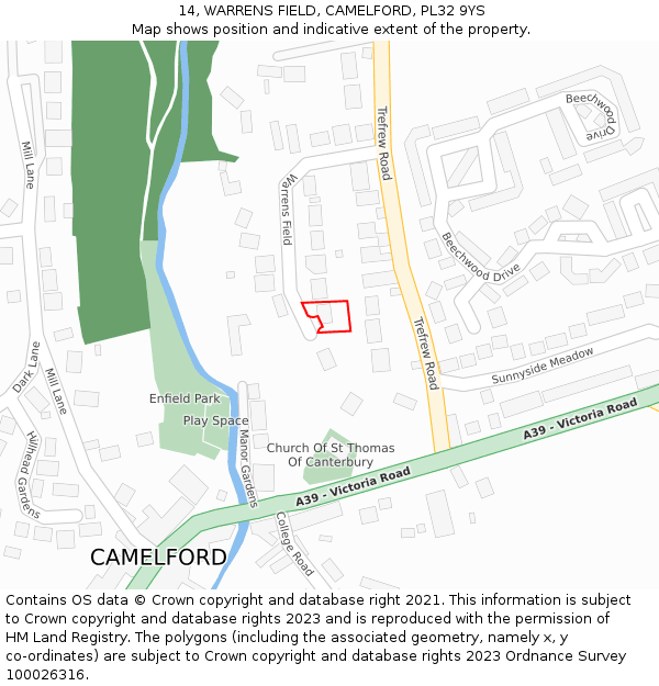 14, WARRENS FIELD, CAMELFORD, PL32 9YS: Location map and indicative extent of plot