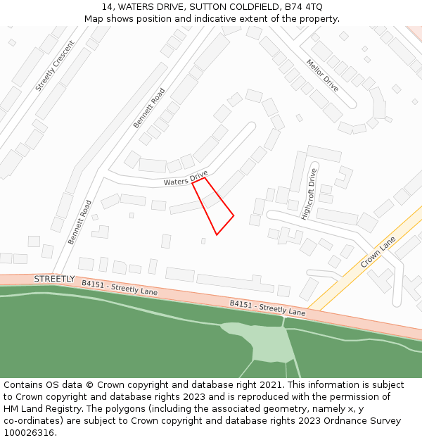 14, WATERS DRIVE, SUTTON COLDFIELD, B74 4TQ: Location map and indicative extent of plot