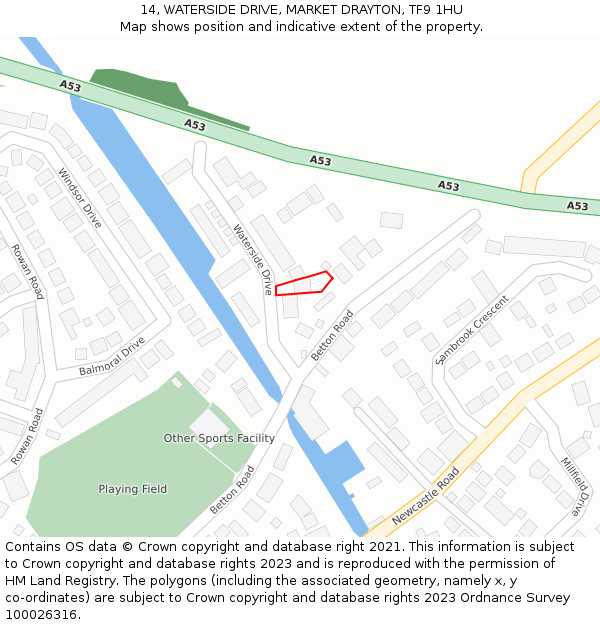 14, WATERSIDE DRIVE, MARKET DRAYTON, TF9 1HU: Location map and indicative extent of plot