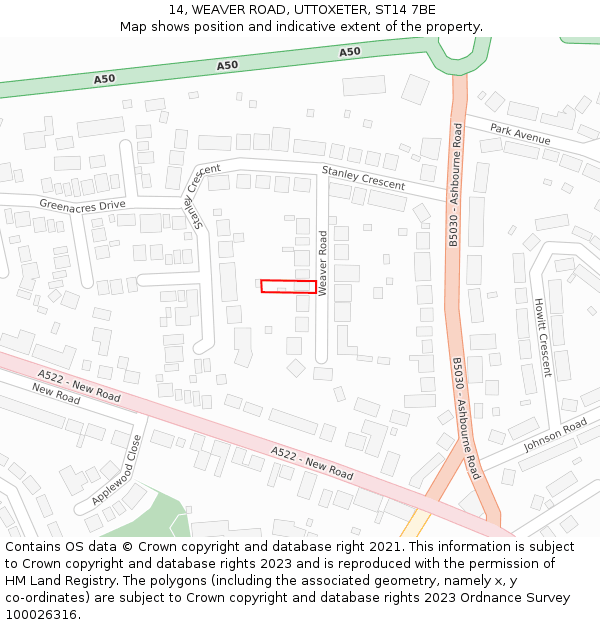 14, WEAVER ROAD, UTTOXETER, ST14 7BE: Location map and indicative extent of plot