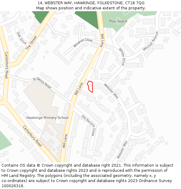 14, WEBSTER WAY, HAWKINGE, FOLKESTONE, CT18 7QG: Location map and indicative extent of plot