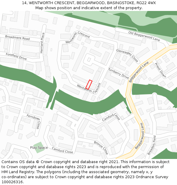 14, WENTWORTH CRESCENT, BEGGARWOOD, BASINGSTOKE, RG22 4WX: Location map and indicative extent of plot