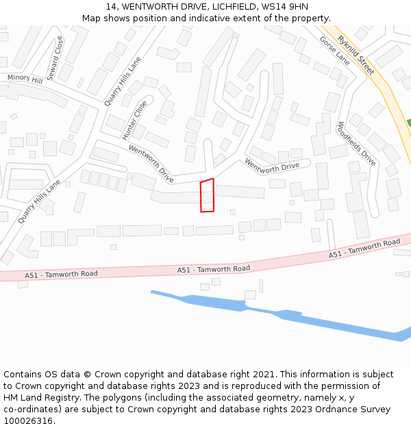 14, WENTWORTH DRIVE, LICHFIELD, WS14 9HN: Location map and indicative extent of plot