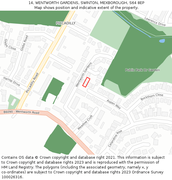 14, WENTWORTH GARDENS, SWINTON, MEXBOROUGH, S64 8EP: Location map and indicative extent of plot