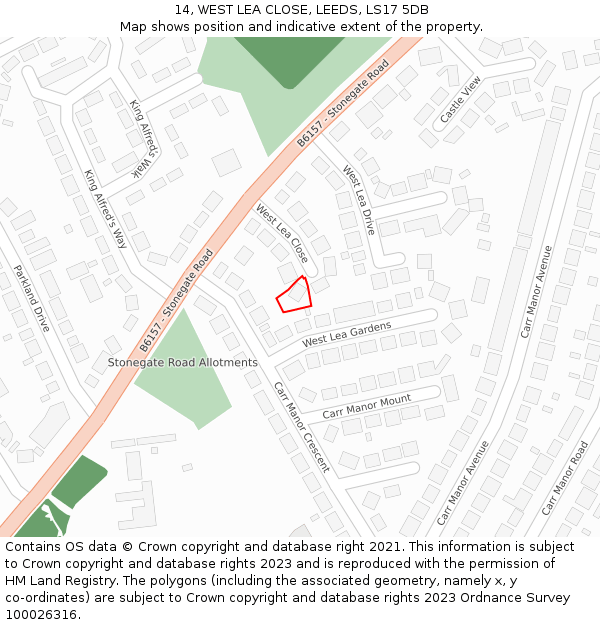 14, WEST LEA CLOSE, LEEDS, LS17 5DB: Location map and indicative extent of plot