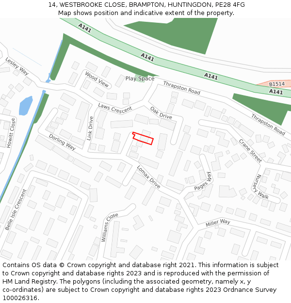 14, WESTBROOKE CLOSE, BRAMPTON, HUNTINGDON, PE28 4FG: Location map and indicative extent of plot