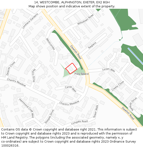 14, WESTCOMBE, ALPHINGTON, EXETER, EX2 8GH: Location map and indicative extent of plot