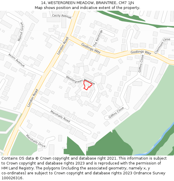 14, WESTERGREEN MEADOW, BRAINTREE, CM7 1JN: Location map and indicative extent of plot