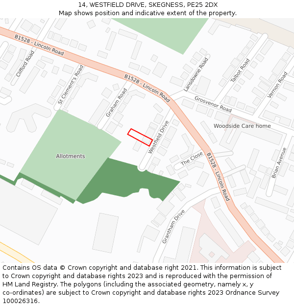 14, WESTFIELD DRIVE, SKEGNESS, PE25 2DX: Location map and indicative extent of plot