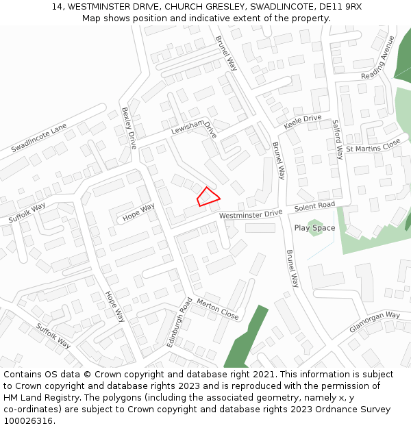 14, WESTMINSTER DRIVE, CHURCH GRESLEY, SWADLINCOTE, DE11 9RX: Location map and indicative extent of plot
