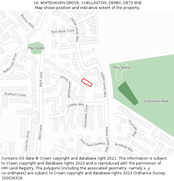 14, WHITEHAVEN GROVE, CHELLASTON, DERBY, DE73 6NE: Location map and indicative extent of plot