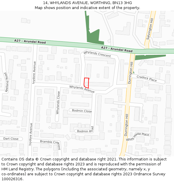 14, WHYLANDS AVENUE, WORTHING, BN13 3HG: Location map and indicative extent of plot