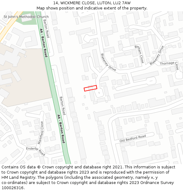 14, WICKMERE CLOSE, LUTON, LU2 7AW: Location map and indicative extent of plot