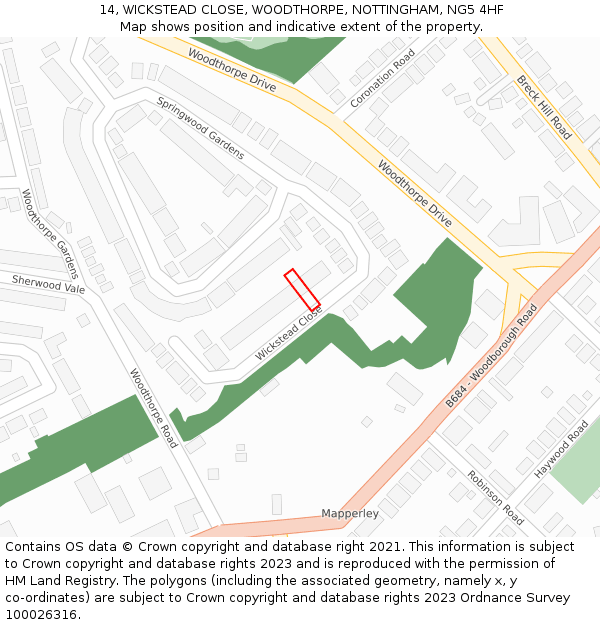 14, WICKSTEAD CLOSE, WOODTHORPE, NOTTINGHAM, NG5 4HF: Location map and indicative extent of plot