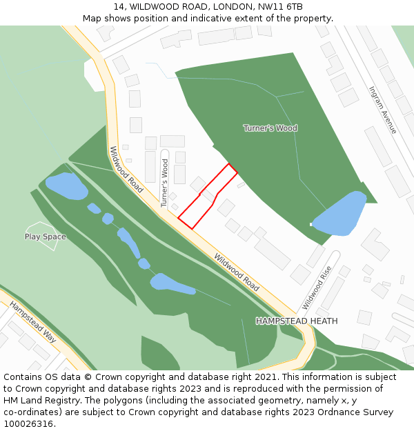 14, WILDWOOD ROAD, LONDON, NW11 6TB: Location map and indicative extent of plot
