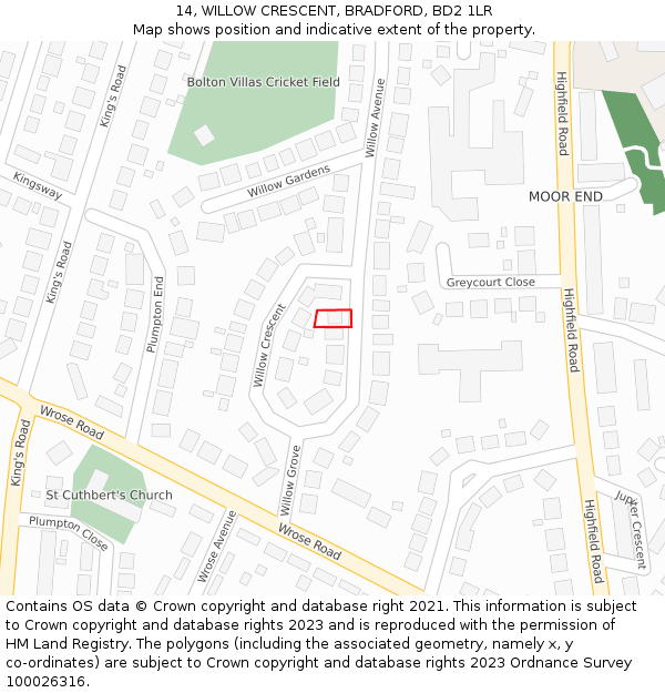 14, WILLOW CRESCENT, BRADFORD, BD2 1LR: Location map and indicative extent of plot