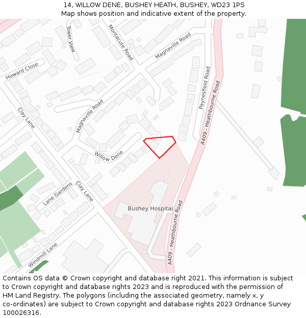 14, WILLOW DENE, BUSHEY HEATH, BUSHEY, WD23 1PS: Location map and indicative extent of plot