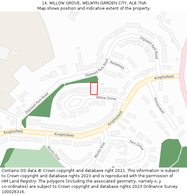 14, WILLOW GROVE, WELWYN GARDEN CITY, AL8 7NA: Location map and indicative extent of plot