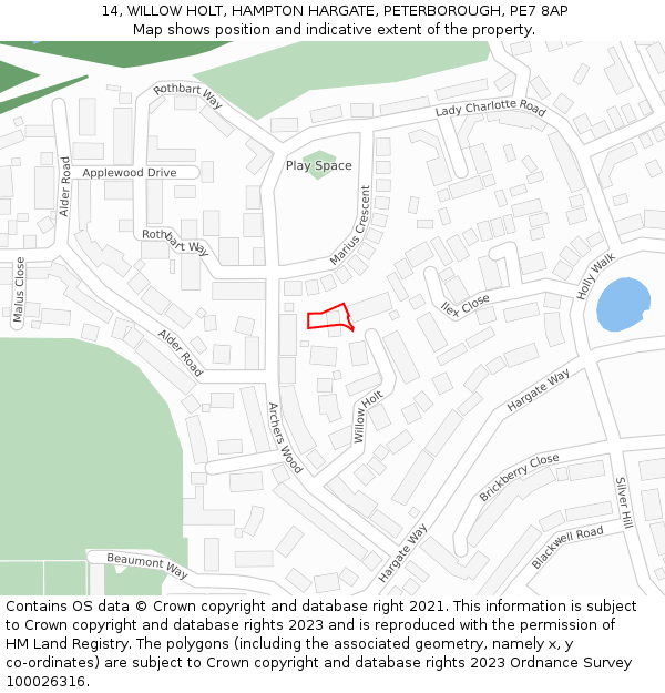 14, WILLOW HOLT, HAMPTON HARGATE, PETERBOROUGH, PE7 8AP: Location map and indicative extent of plot