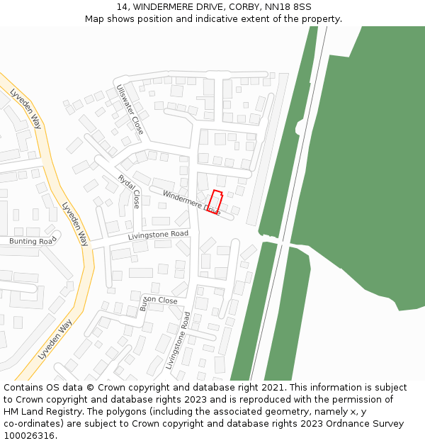14, WINDERMERE DRIVE, CORBY, NN18 8SS: Location map and indicative extent of plot