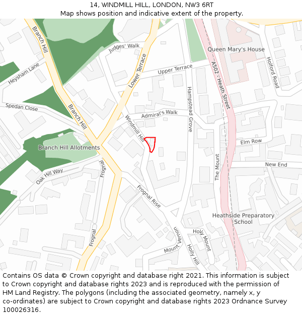 14, WINDMILL HILL, LONDON, NW3 6RT: Location map and indicative extent of plot