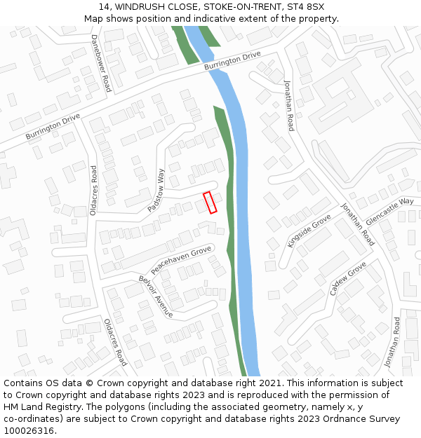 14, WINDRUSH CLOSE, STOKE-ON-TRENT, ST4 8SX: Location map and indicative extent of plot
