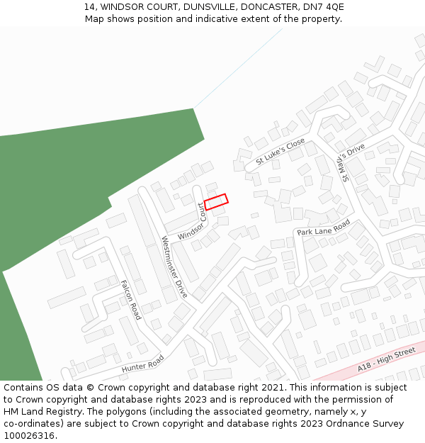 14, WINDSOR COURT, DUNSVILLE, DONCASTER, DN7 4QE: Location map and indicative extent of plot