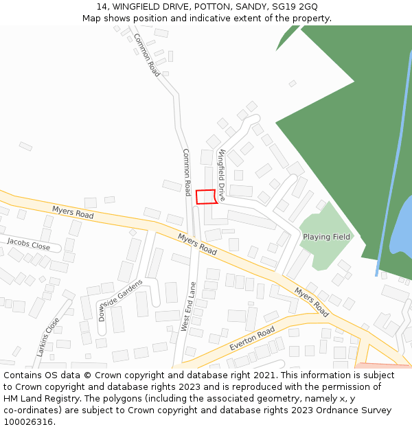 14, WINGFIELD DRIVE, POTTON, SANDY, SG19 2GQ: Location map and indicative extent of plot