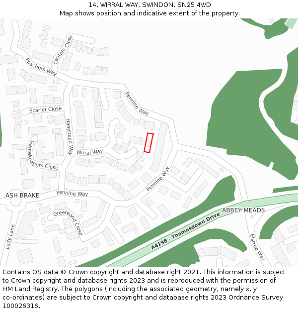 14, WIRRAL WAY, SWINDON, SN25 4WD: Location map and indicative extent of plot