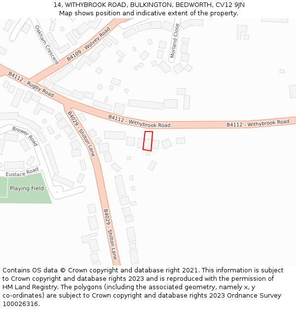 14, WITHYBROOK ROAD, BULKINGTON, BEDWORTH, CV12 9JN: Location map and indicative extent of plot