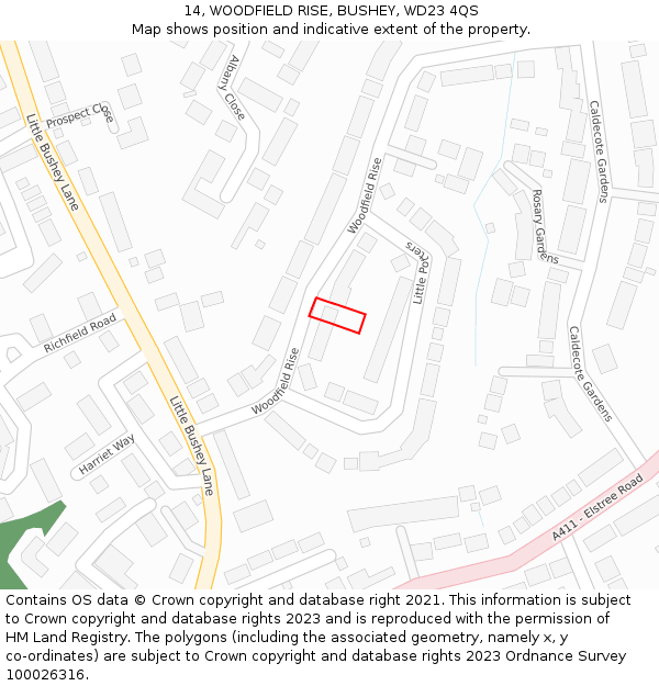 14, WOODFIELD RISE, BUSHEY, WD23 4QS: Location map and indicative extent of plot