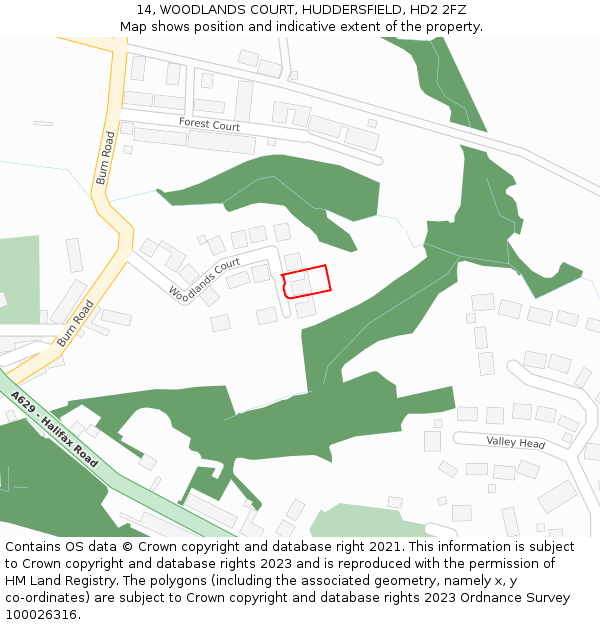 14, WOODLANDS COURT, HUDDERSFIELD, HD2 2FZ: Location map and indicative extent of plot