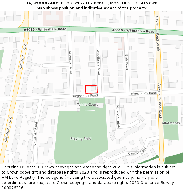 14, WOODLANDS ROAD, WHALLEY RANGE, MANCHESTER, M16 8WR: Location map and indicative extent of plot