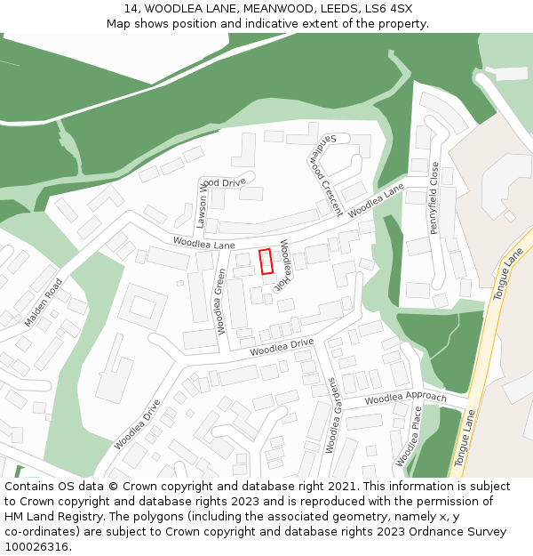 14, WOODLEA LANE, MEANWOOD, LEEDS, LS6 4SX: Location map and indicative extent of plot