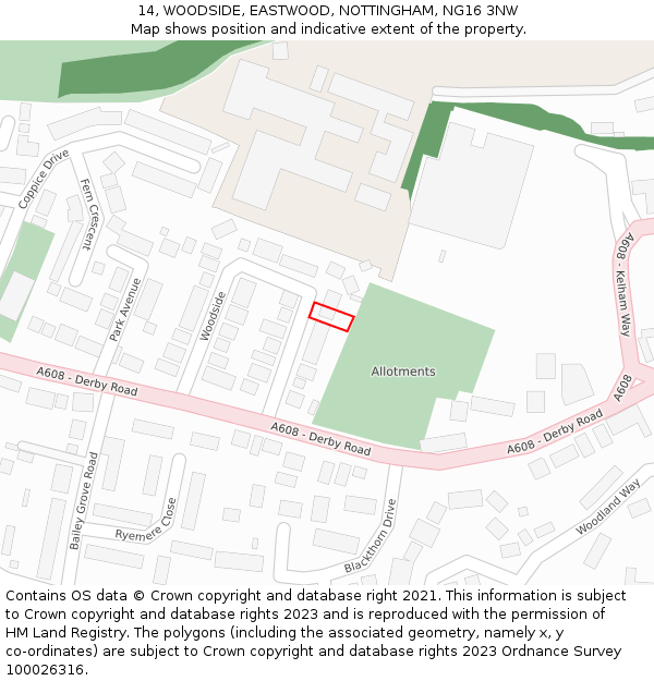 14, WOODSIDE, EASTWOOD, NOTTINGHAM, NG16 3NW: Location map and indicative extent of plot