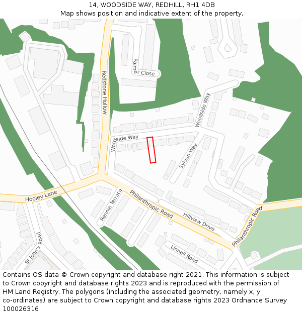 14, WOODSIDE WAY, REDHILL, RH1 4DB: Location map and indicative extent of plot