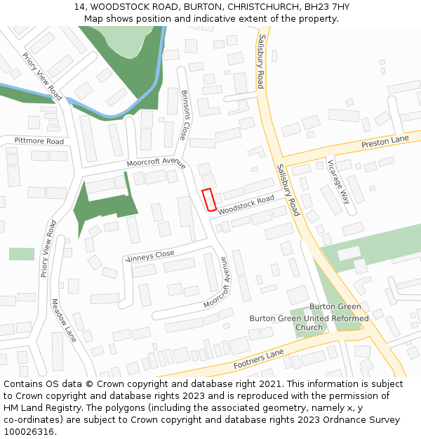 14, WOODSTOCK ROAD, BURTON, CHRISTCHURCH, BH23 7HY: Location map and indicative extent of plot